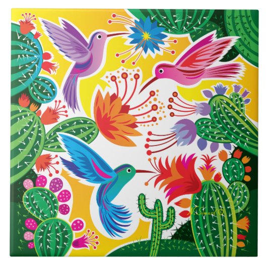 Carreau Colibris et cactus en fleurs (Devant)