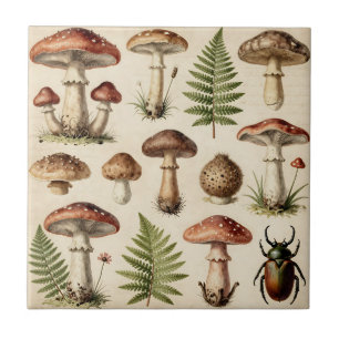 Carreau Collage de fougère de champignon botanique vintage