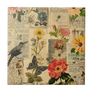 Carreau Collage de journal floral de rossignol vintage
