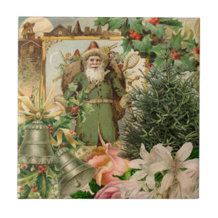 Carreau Collage de Noël Père Noël vert de l'ancien monde A