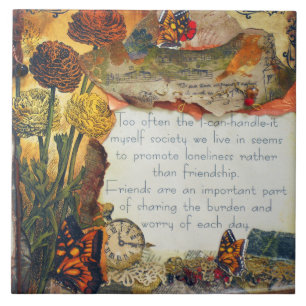 Carreau Collage en techniques mixtes Fleurs Papillons Amit