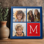 Carreau Collage photo bleu et rouge avec Monogramme<br><div class="desc">Utilisez 3 photos carrés pour créer un cadeau unique et personnel. Si vous avez besoin d'ajuster les images,  cliquez sur l'outil personnaliser pour apporter des modifications.</div>