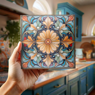 Carreau Colorful Floral Tile Pat#8 Blue Apricot ID1078