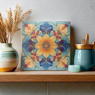 Carreau Colorful Floral Tile Pat# Powder Blue Gold ID1078