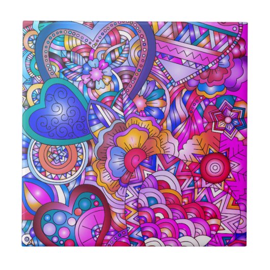 Carreau Colorful Hearts and Flowers Abstract Art (Devant)