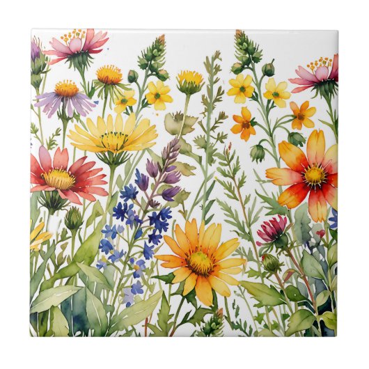 Carreau Colorful wildflowers watercolor painting (Devant)