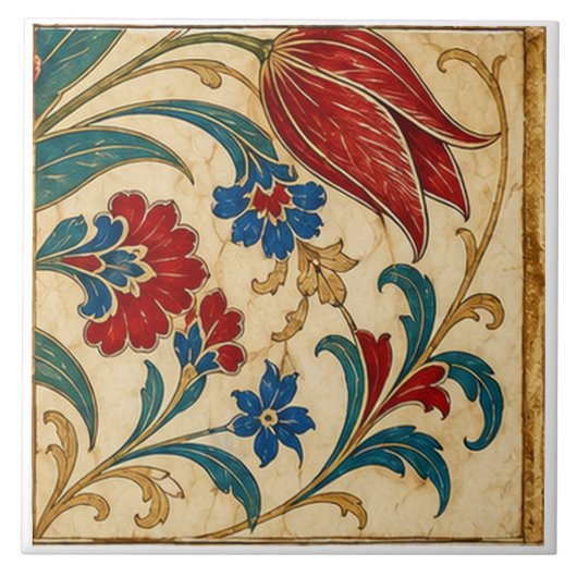 Carreau Composition botanique de tulipe rouge ottomane | (Devant)