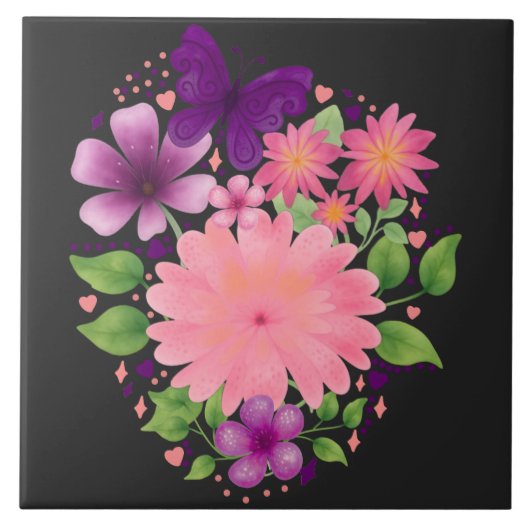 Carreau Conception de papillon floral rose à l'aquarelle (Devant)