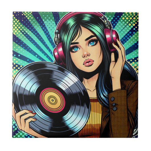 Carreau Cool Pop Art Comic Style Girl avec Album de Vinyl (Devant)