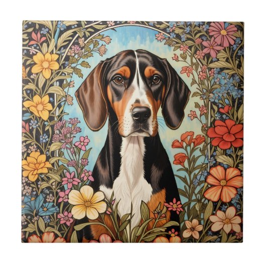 Carreau Coonhound Élégant Fleur Colorée (Devant)