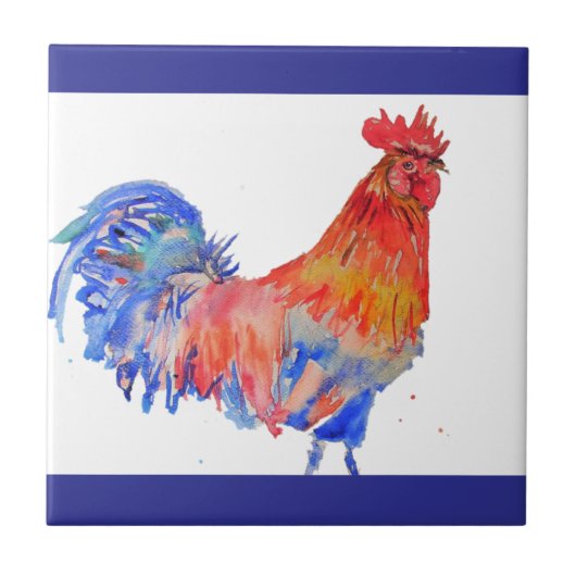 Carreau Coq Aquarelle Rouge Jaune Bleu Poulet (Devant)