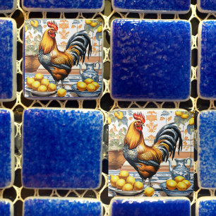 Carreau Coq et citrons dans le style Azulejo bleu orange c