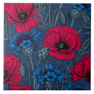 Carreau Coquelicots rouges et fleurs bleues sur bleu
