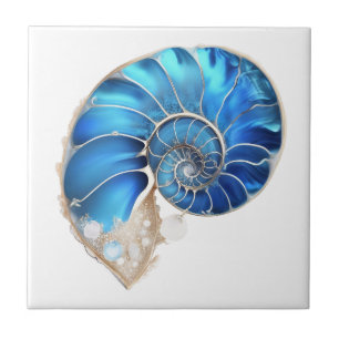 Carreau Coquillage nautile bleu océan reflets 3D plage