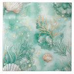 Carreau Corail et coques sous-marins en Aquarelle Turquois<br><div class="desc">Apportez la beauté tranquille du fond de l'océan dans votre maison avec cet élégant carrelage en céramique avec une aquarelle illustrant le corail et les coquillages. Placés contre un riche arrière - plan turquoise, les éléments marins délicats — des coquilles de Saint-Jacques aux coraux rampants — sont peints dans des...</div>