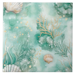 Carreau Corail et coques sous-marins en Aquarelle Turquois