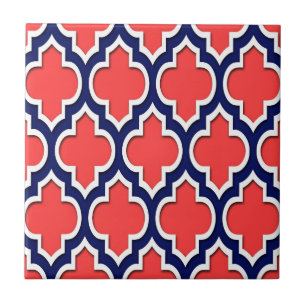 Carreau Coral Red Navy White Quatrefoil marocain #4DS