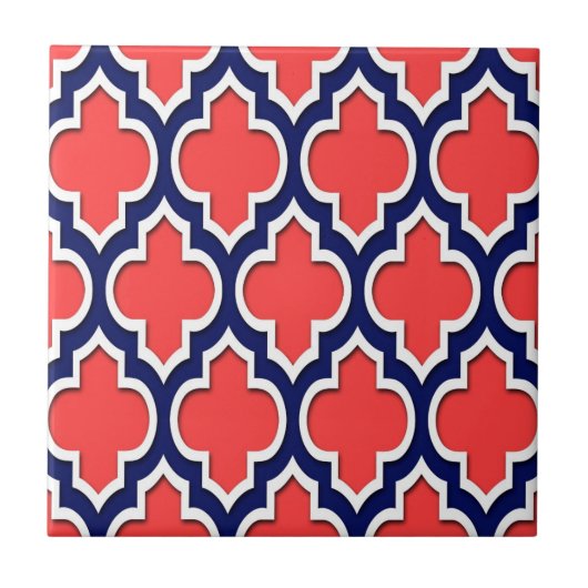 Carreau Coral Red Navy White Quatrefoil marocain #4DS (Devant)