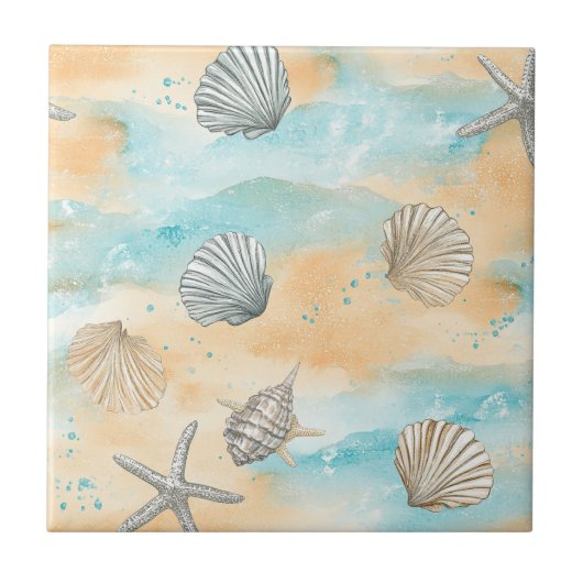 Carreau Coral Reef Seashells & Aqua Waves Pattern (5) (Devant)