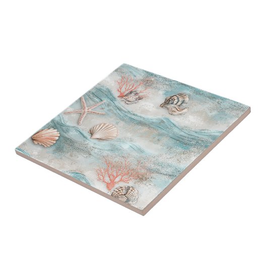 Carreau Coral Reef Seashells & Aqua Waves Pattern (9) (Côté)