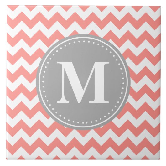 Carreau Coral rose Chevron Zigzag Gris Monogramme (Devant)