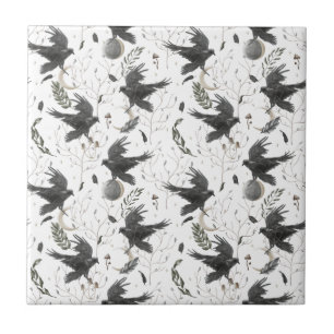 Carreau Corbeau noir, lune et Plante sauvage