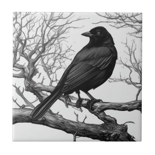 Carreau Corbeau perché sur des branches nues d'hiver (Devant)