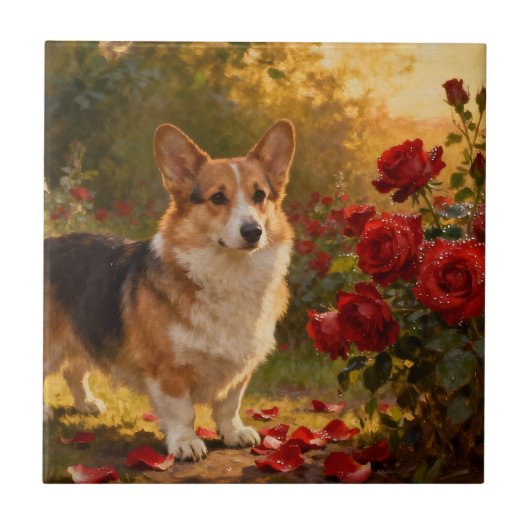 Carreau Corgi dans les Roses V (Devant)