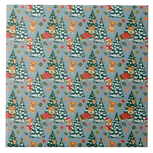 Carreau Corgis décorent l'arbre de Noël en forêt (Devant)