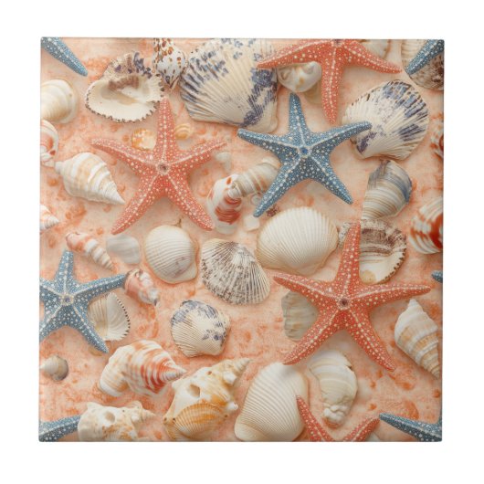 Carreau Côtière rustique - Coquillages, Poissons étoilés, (Devant)