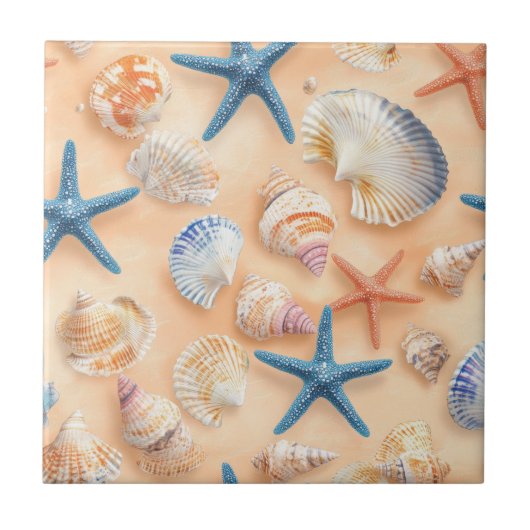 Carreau Côtière rustique - Coquillages, Poissons étoilés, (Devant)