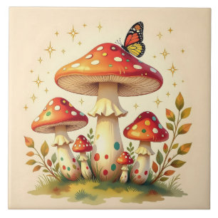 Carreau Cottage Core Champignons et Papillon Vintage
