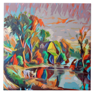 Carreau Cottage Vaches Pond Paysage Art Abstrait