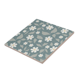 Carreau Cottagecore sarcelle, sauge et marguerite florale 