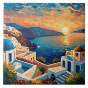 Carreau Coucher de soleil à Santorin - Grèce - Village de 