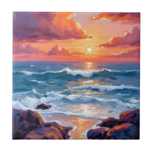 Carreau Coucher de soleil océanique doré   Aquarelle Côtiè