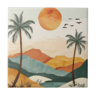 Carreau Coucher de soleil rétro tropical montagne orange d