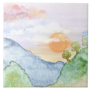Carreau Coucher de soleil sur les montagnes et les arbres