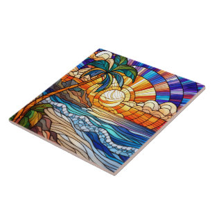 Carreau Coucher de soleil tropical sur la plage vitraux