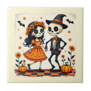 Carreau Couple de squelette d'Halloween mignon en orange