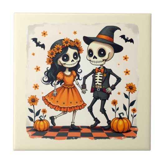Carreau Couple de squelette d'Halloween mignon en orange (Devant)