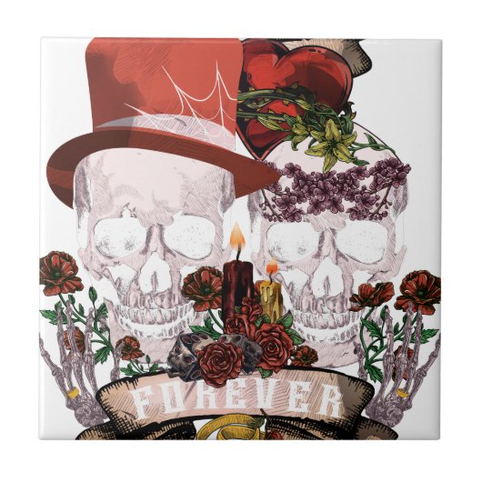 Carreau Couples de squelette de mariage d'amour de crâne (Devant)