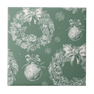 Carreau Couronne de Noël vert sauge toile ivoire flocons d