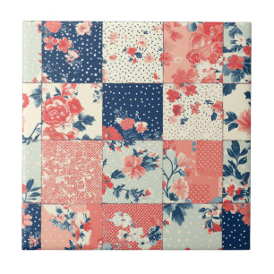 Carreau Courte florale pastel en indigo et pêche