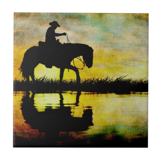 Carreau Cow-boy à cheval au coucher du soleil. (Devant)