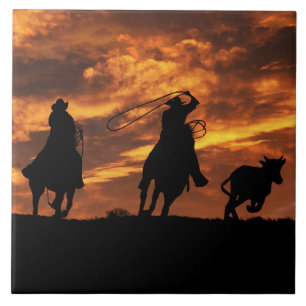 Carreau Cowboys et Horses Roping Steer