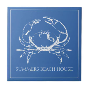 Carreau Crabe blanc côtier sur bleu classique Personnalisé