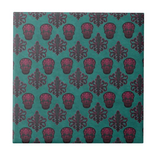CARREAU CRÂNE DAMASK ROSE CHAUD SUR TEAL (Devant)