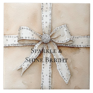 Carreau Crème Blanc Argent Glitzy Glam Bow anniversaire