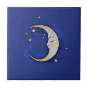 Carreau Croissant de lune céleste avec visage or bleu fonc